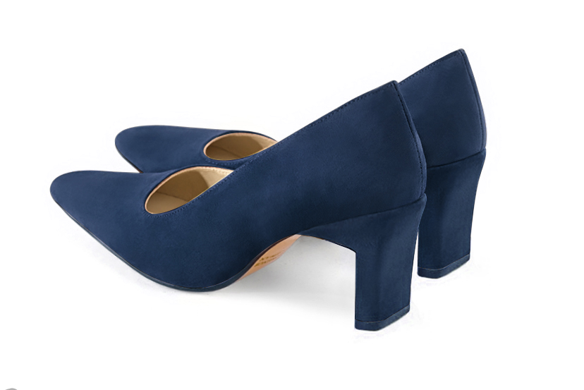 Navy blue women's dress pumps,with a square neckline. Tapered toe. High slim heel. Rear view - Florence KOOIJMAN